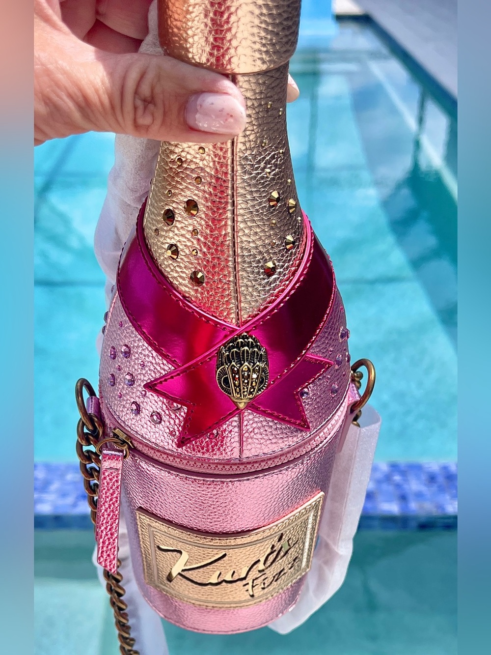 Kurt Geiger Champagne Bottle Crossbody Purse Pinks & Gold PU Leather/Dust BagNWT - Picture 13 of 17